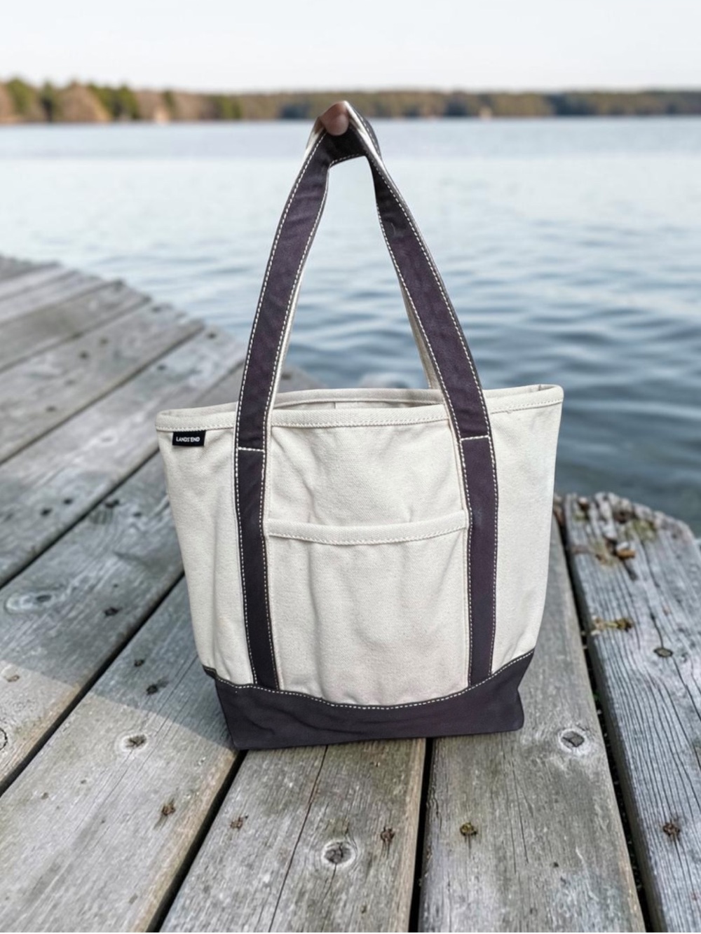 🌻Lands' End Medium Canvas Tote Bag Natural Navy Blue 5 Pocket Open Top Carryall